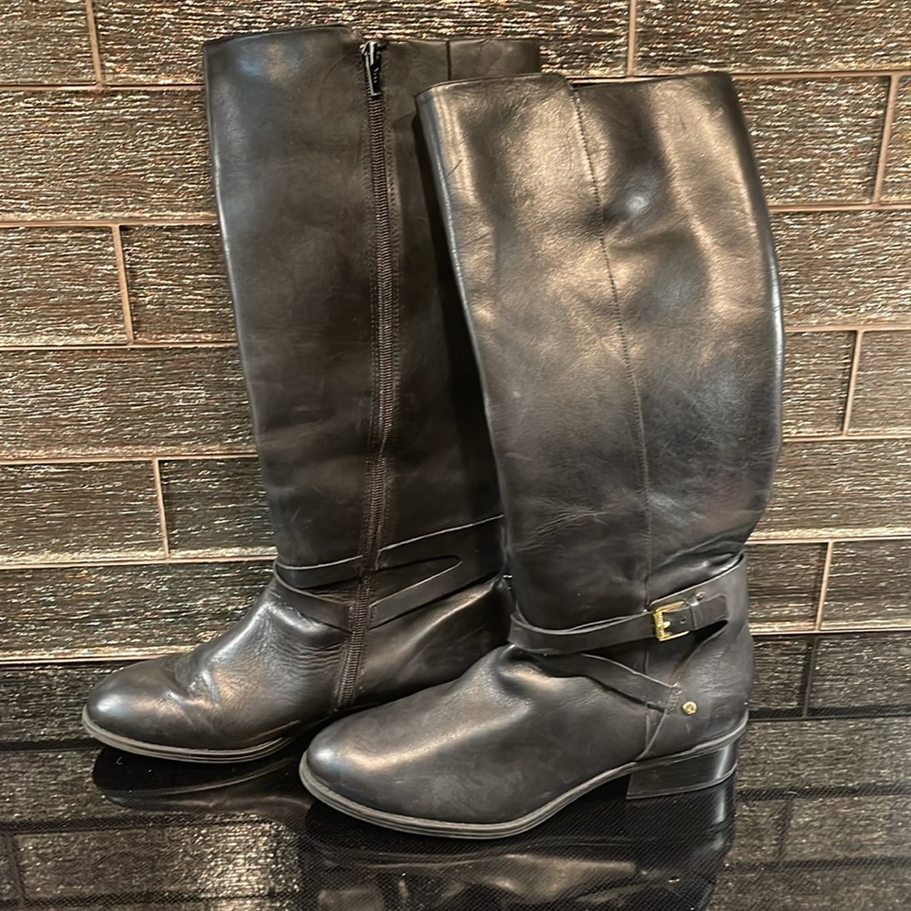 Ralph Lauren Boots Knee High Miriah Black Leather Boot Gold 9.5 - Picture 3 of 12